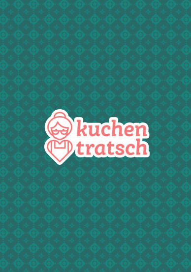Grüne Postkarte mit rosa Kuchentratsch Logo in der Mitte