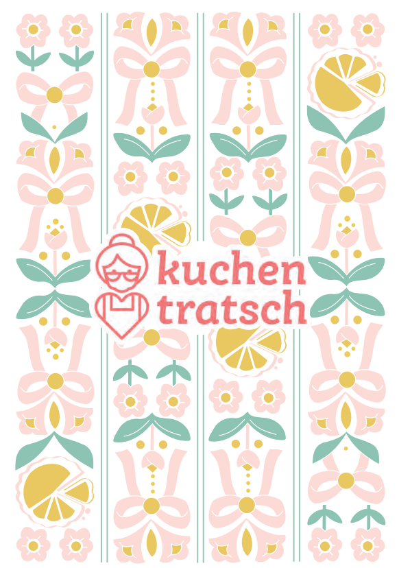 Kuchentratsch Postkarte unser Logo aud verspieltem Hintergrund