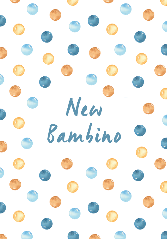 Unsere New Bambino Postkarte - Schriftzug mit blau gelben Punkten