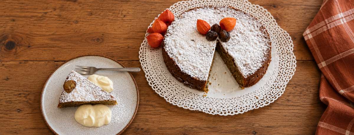 Herbstlicher Maroniekuchen mit Puderzucker, Physalis und Mascarponecreme auf einem Holztisch, dazu ein Stück Kuchen auf einem Teller.